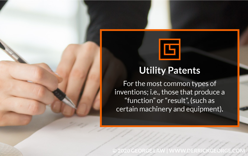 Hand holding pen with text- Utility patents For the most common types of inventions...