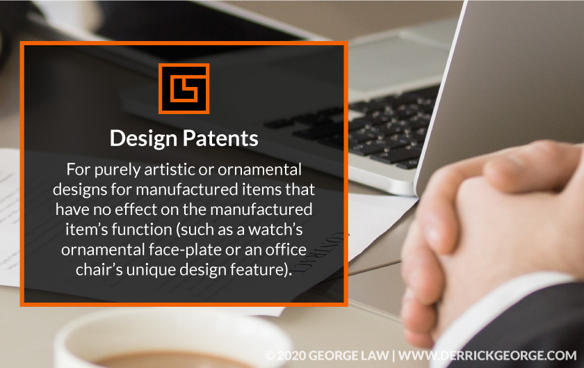 Folded hands on desk with text- Design patents For purely artistic or ornamental designs...